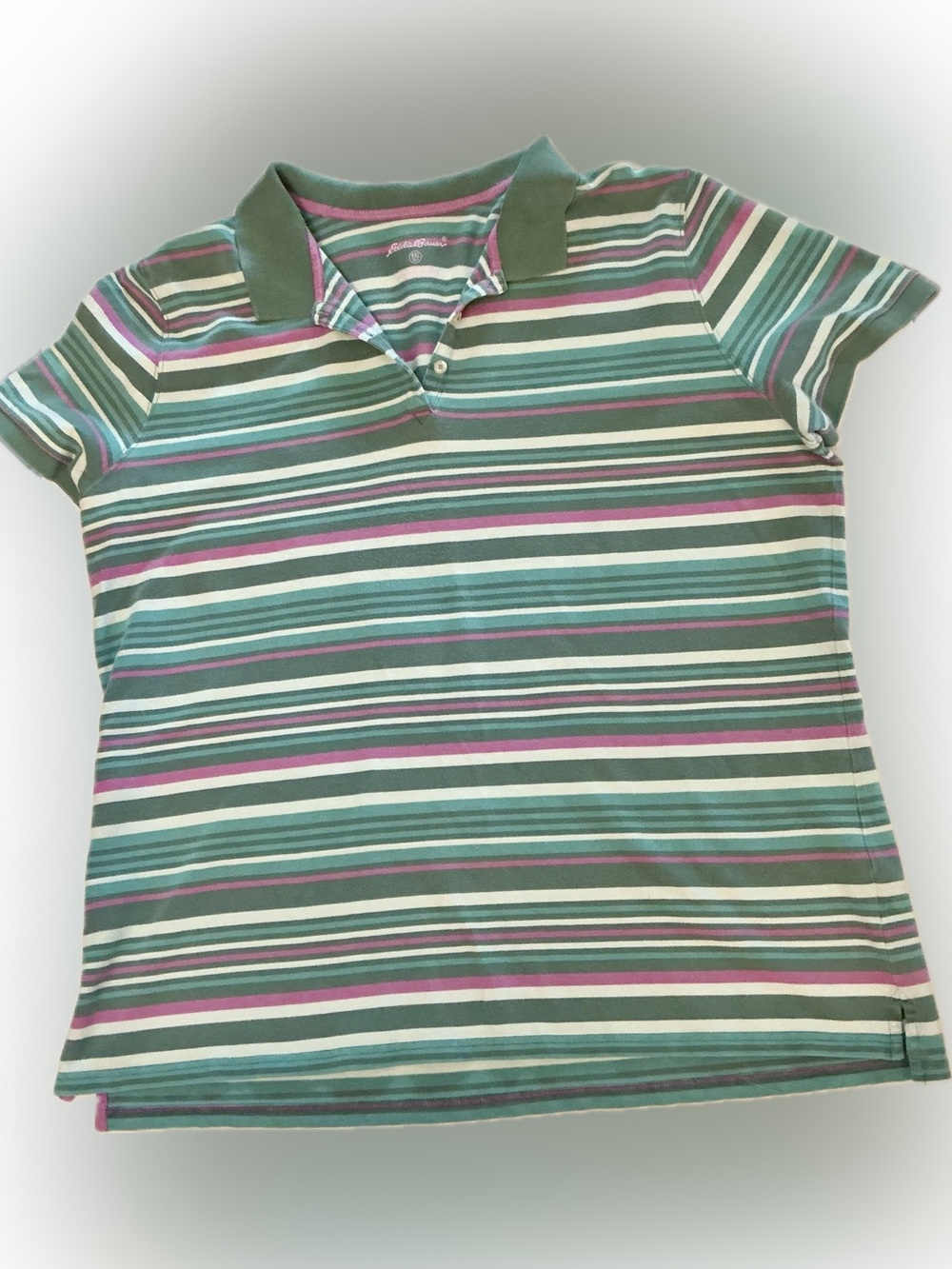 Eddie Bauer XXL Tall Striped Polo Shirt Green Teal Pink Cotton Casual